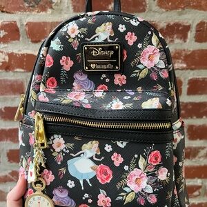 Loungefly Disney Alice in Wonderland Floral Backpack and keychain